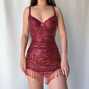 Trashy LA Flapper Sequin Beaded Costume Mini Dress in Burgundy